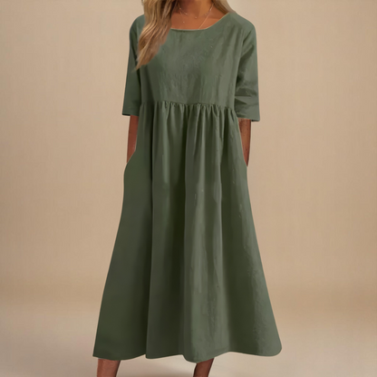 Women's round neck A-line midi dress in blue, pink, green, black, gray and white