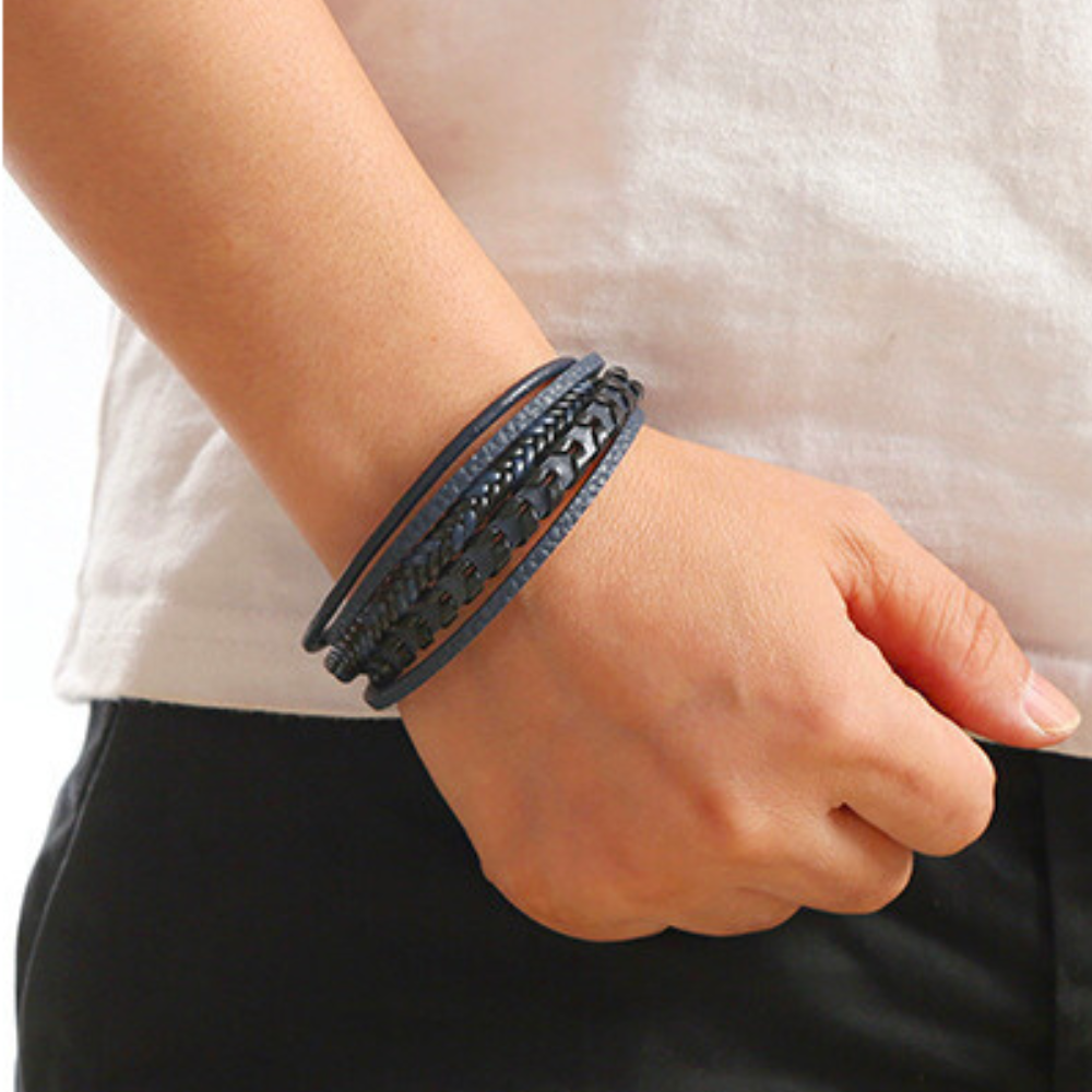 Kessoro men's braided Norse-inspired magnetic clasp bracelet in blue, brown and black