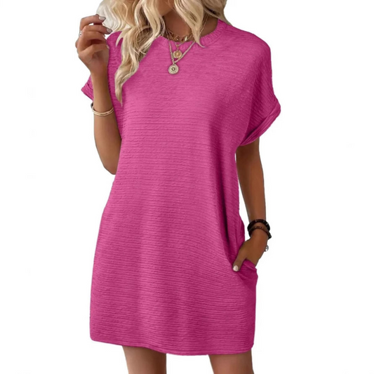 Kessoro women's minimalist round neck summer dress in rose red, light pink, apricot, dark blue and more colorways - women's dresses
