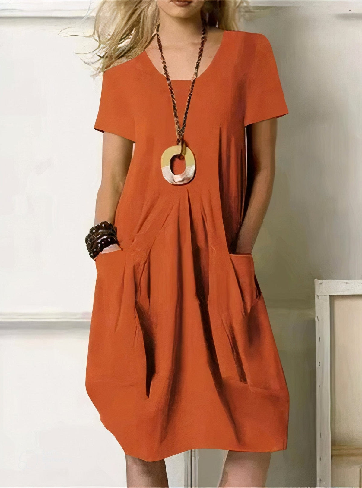 Women's cotton A-line casual midi dress with pockets in black, orange, green or beige
