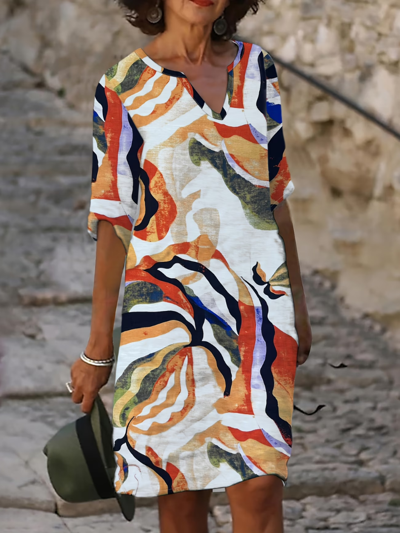 Kessoro women's artful hand-painted print relaxed summer dress in yellow, blue, green and pink
