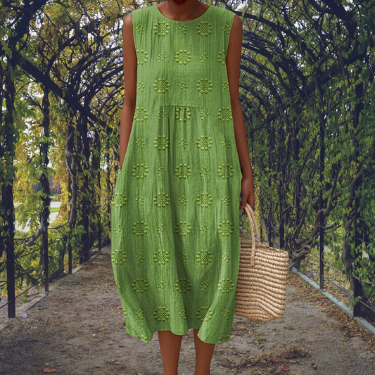 Women's embroidered sleeveless pocket dress in green, blue, yellow, white, red and orange