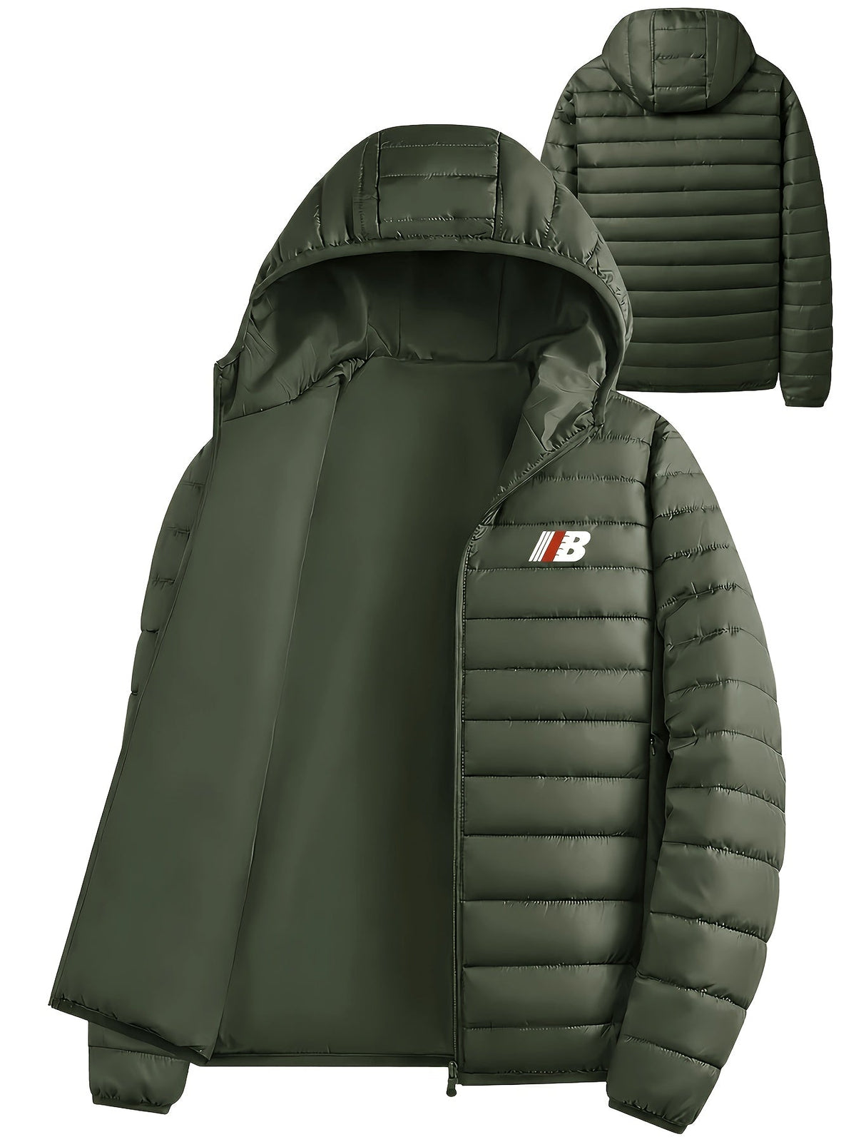 Men's lightweight quilted hooded puffer jacket in dark green, light grey, navy and black, front view