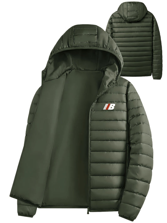 Men's lightweight quilted hooded puffer jacket in dark green, light grey, navy and black, front view