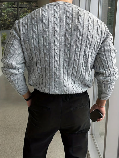 Kessoro Men's Twisted Cable-Knit Crewneck Sweater in navy and grey, image 9 of 12.