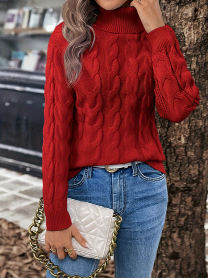 Kessoro women's cable-knit turtleneck sweater in red, black, grey, royal blue, violet, white and pink - product view 5