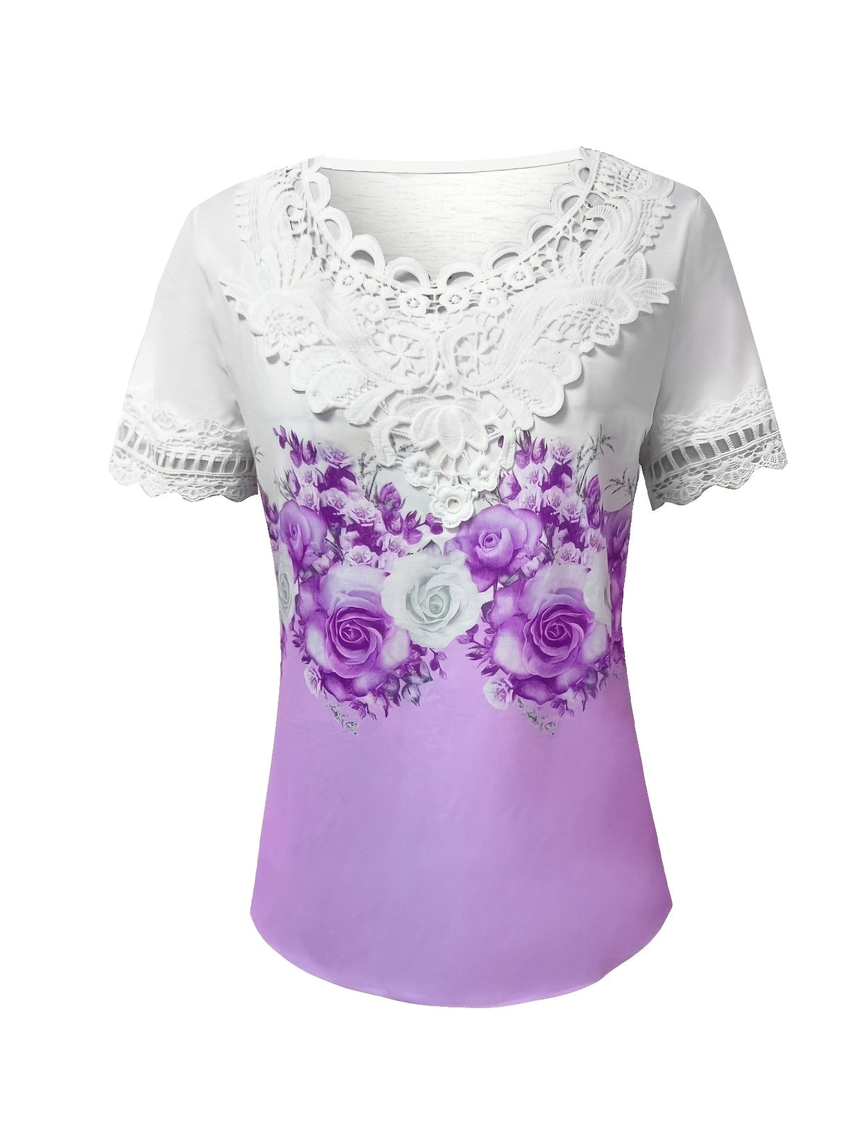 Kessoro women's lace-trimmed floral print top in light green, purple, tan and pink – view 8