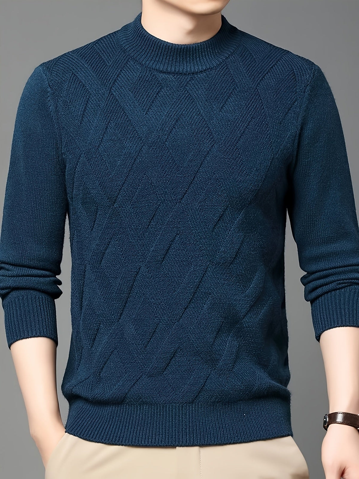 Kessoro men's textured mock-neck knit sweater in deep blue-grey winter tones