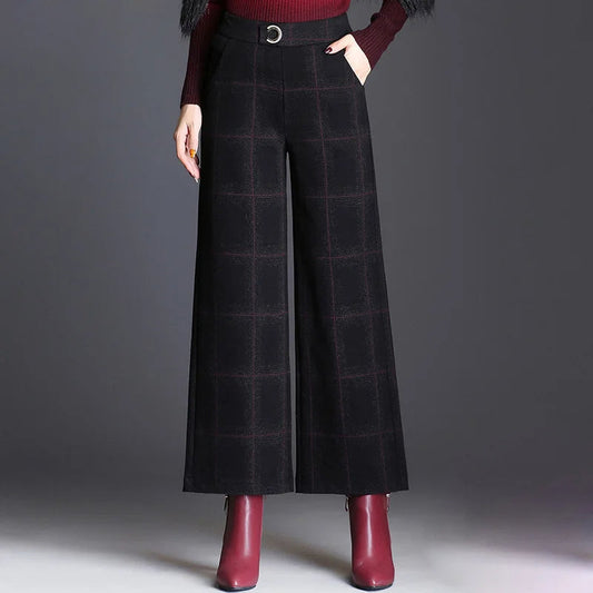 Kessoro Women's Checked High-Waist Wide-Leg Trousers in plaid black, solid black and houndstooth gray — front view