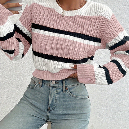 Kessoro women's colorblock striped cropped sweater in sky blue and pink, women's knitwear — view 6 of 6