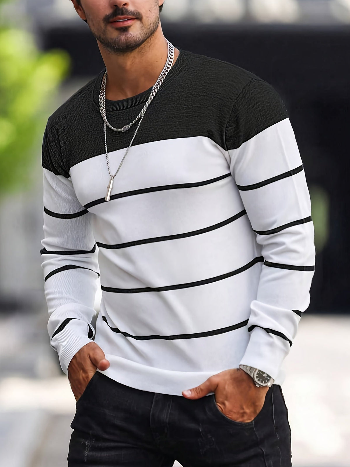 Kessoro Brick Red striped crew neck knit sweater for men