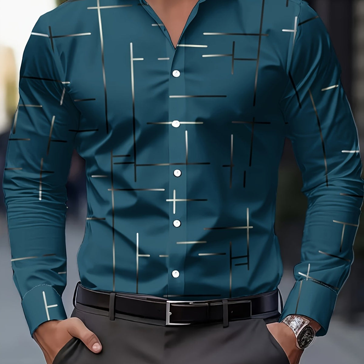 Men's line-print regular fit button-up shirt in navy, malachite green, orange yellow and pink, view 12