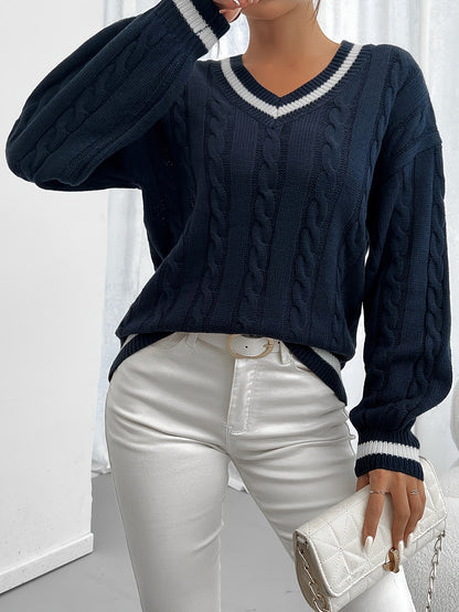 Kessoro women's cable-knit V-neck sweater in navy and black
