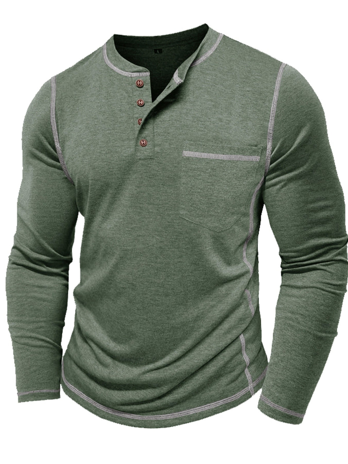 Men's contrast-stitch long sleeve henley shirt in khaki and green, colour option 1 back view