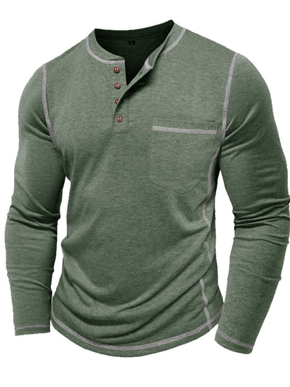 Men's contrast-stitch long sleeve henley shirt in khaki and green, colour option 1 back view