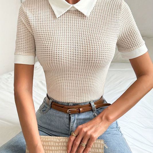 Women's slim-fit contrast collar top in a warm apricot colour family (view 1)