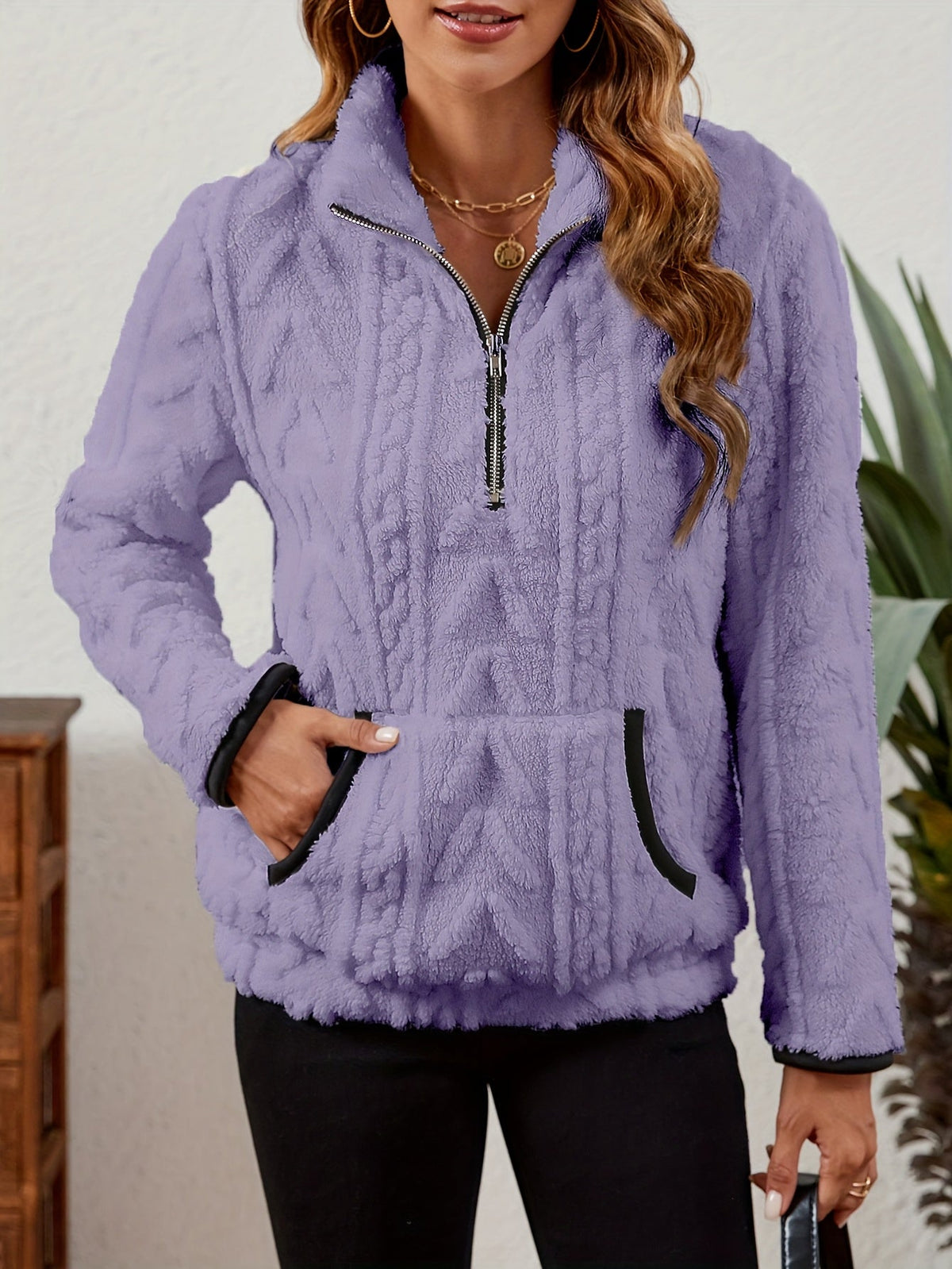 Kessoro women's plush textured half-zip pullover in burgundy, grey, pink, white, khaki, purple and blue - product view 43