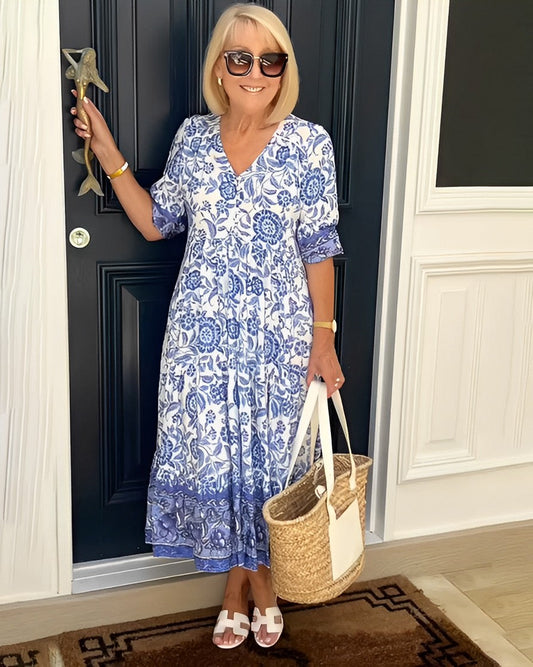 Women's V-neck floral maxi dress in blue, orange, pink, purple and sky blue