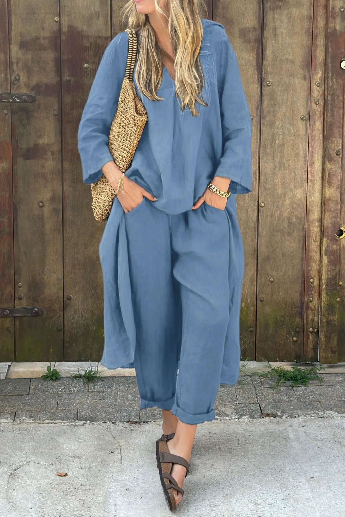 Kessoro women's loose v-neck two-piece set in navy blue, sky blue, white and orange