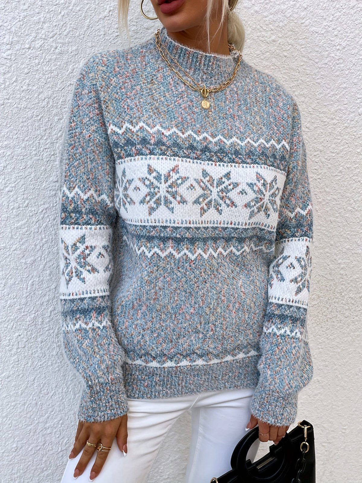 Kessoro women's snowflake mock-neck knit sweater in grey, pink or blue, view 4 of 23