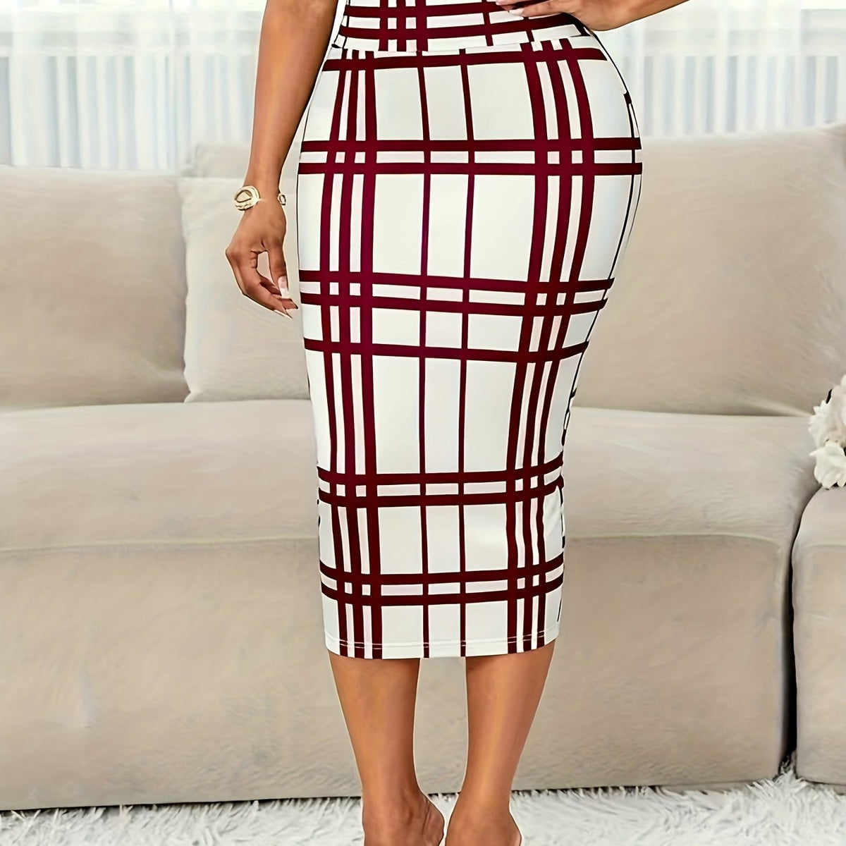 Kessoro women's plaid high-waist pencil skirt in white, burgundy and pink - product view 6