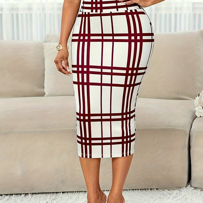 Kessoro women's plaid high-waist pencil skirt in white, burgundy and pink - product view 6