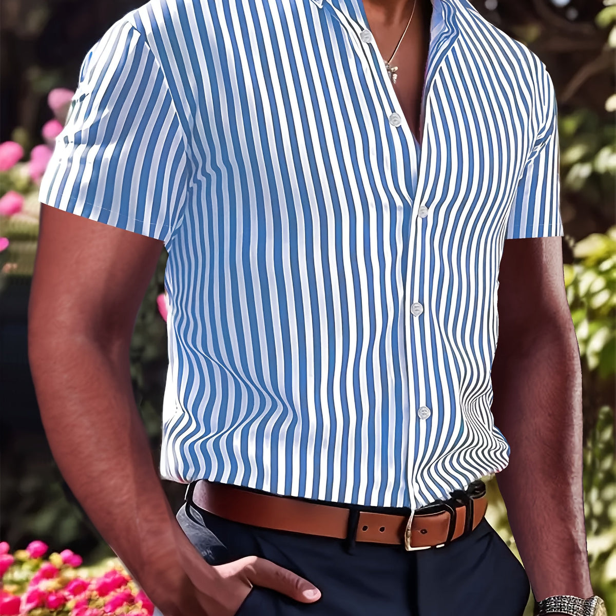 Kessoro men's striped short sleeve button-up shirt in pink, yellow-green and blue – view 11