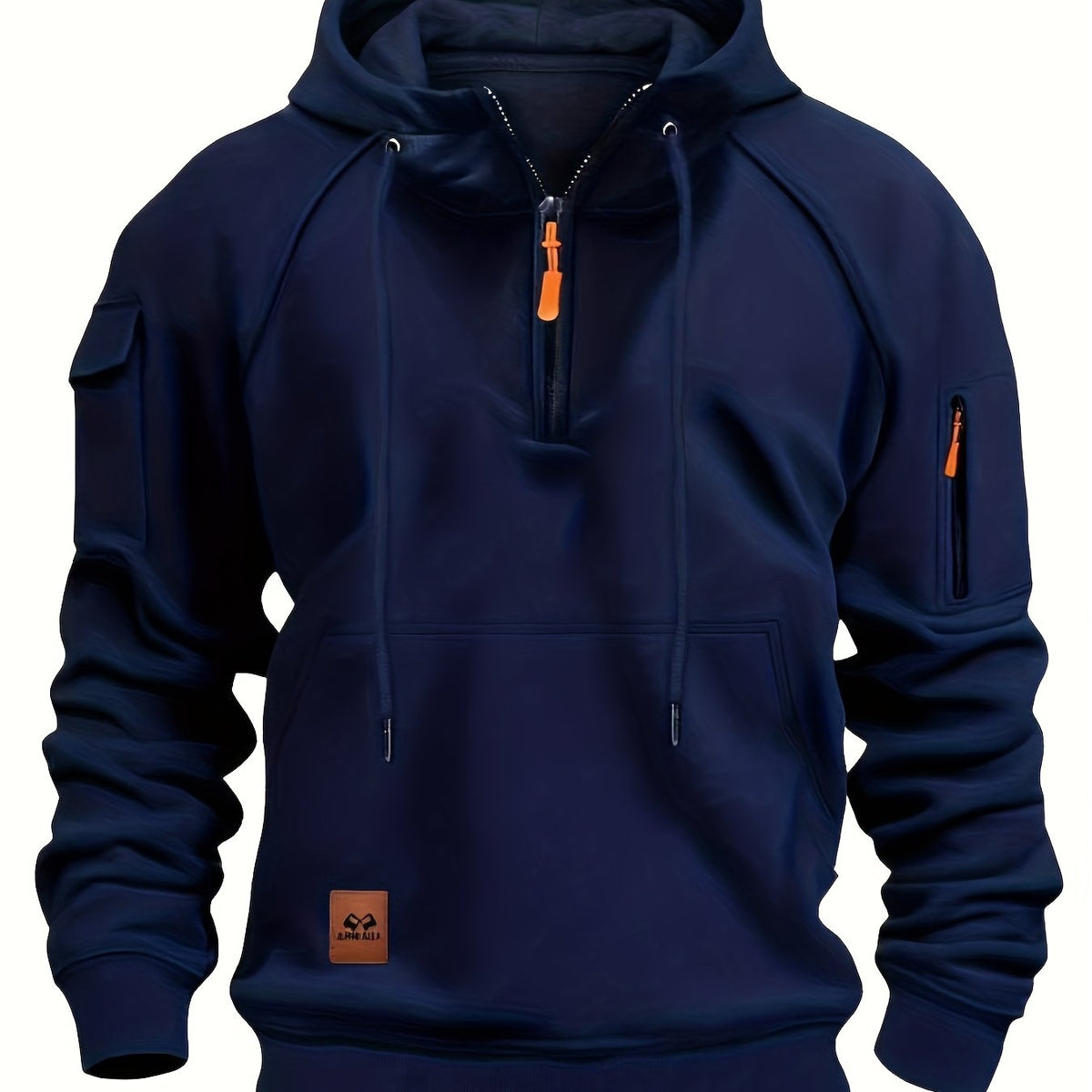 Men's utility quarter-zip hoodie in black, navy, khaki and burgundy with pocket detail, colour option 5 side view