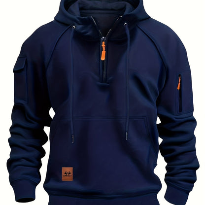 Men's utility quarter-zip hoodie in black, navy, khaki and burgundy with pocket detail, colour option 5 side view