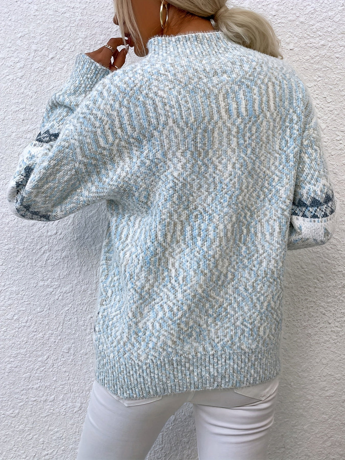 Kessoro women's snowflake mock-neck knit sweater in grey, pink or blue, view 18 of 23