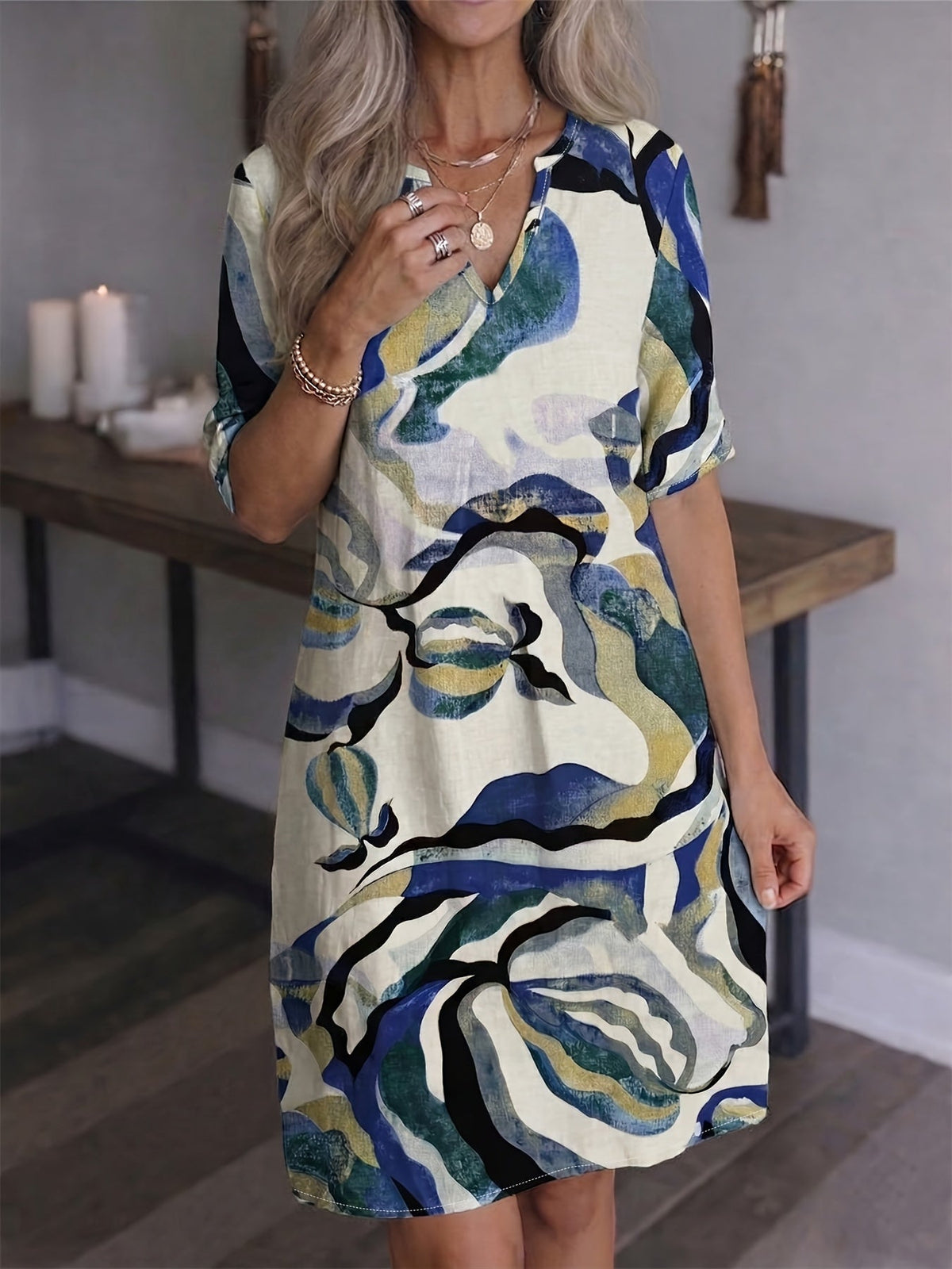 Women's artful print V-neck shift dress in a bright summer colourway