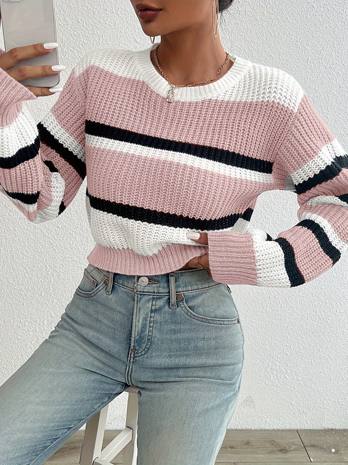 Kessoro women's colorblock striped cropped sweater in sky blue and pink, women's knitwear — view 1 of 6