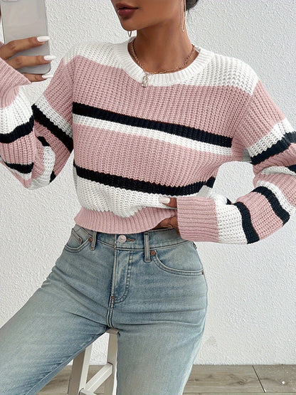 Kessoro women's colorblock striped cropped sweater in sky blue and pink, women's knitwear — view 1 of 6
