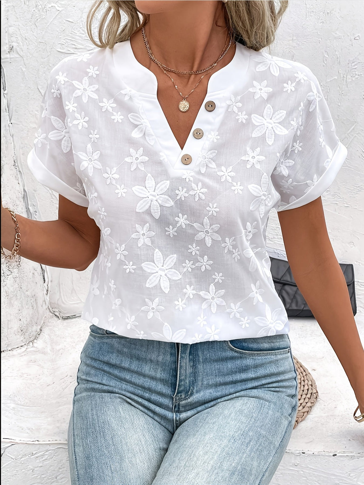 Kessoro women's white floral embroidered V-neck batwing-sleeve blouse, loose draped summer top