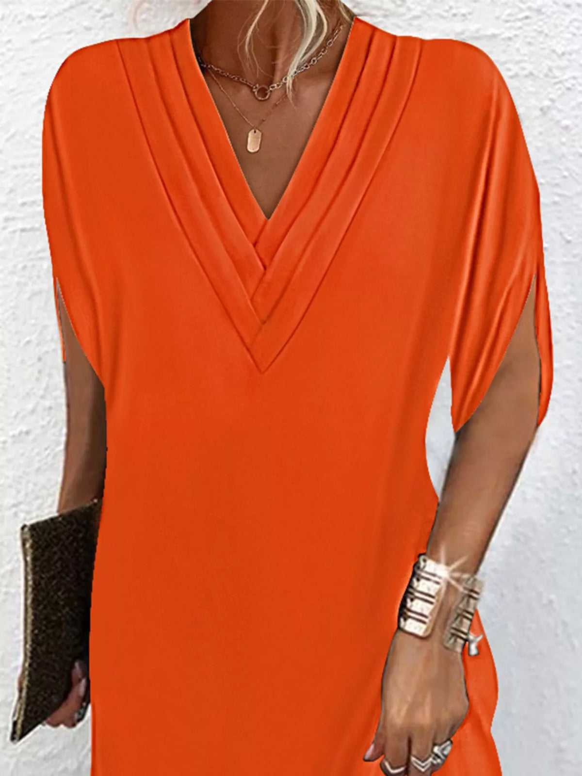 Women's V-neck mini dress with slit sleeves in army green, black, white, orange and pink
