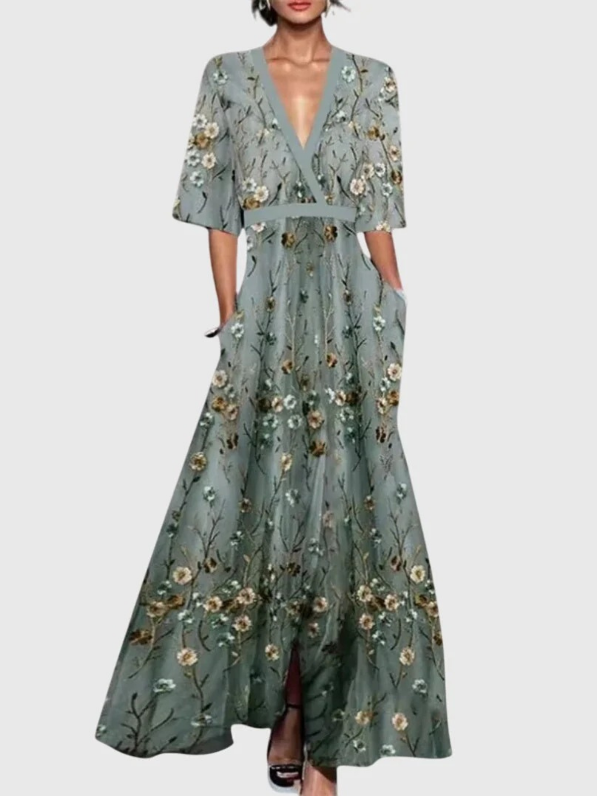 Women's spring floral V-neck dress in red, white and green