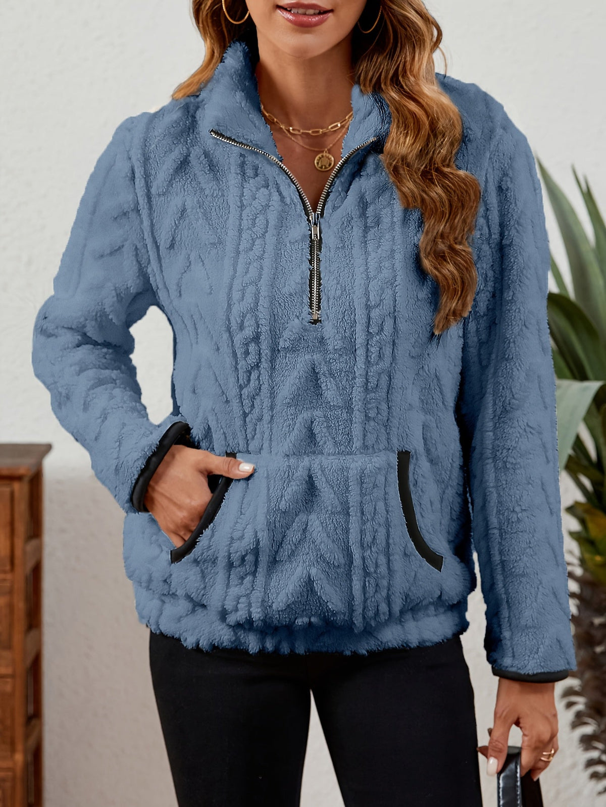 Kessoro women's plush textured half-zip pullover in burgundy, grey, pink, white, khaki, purple and blue - product view 60