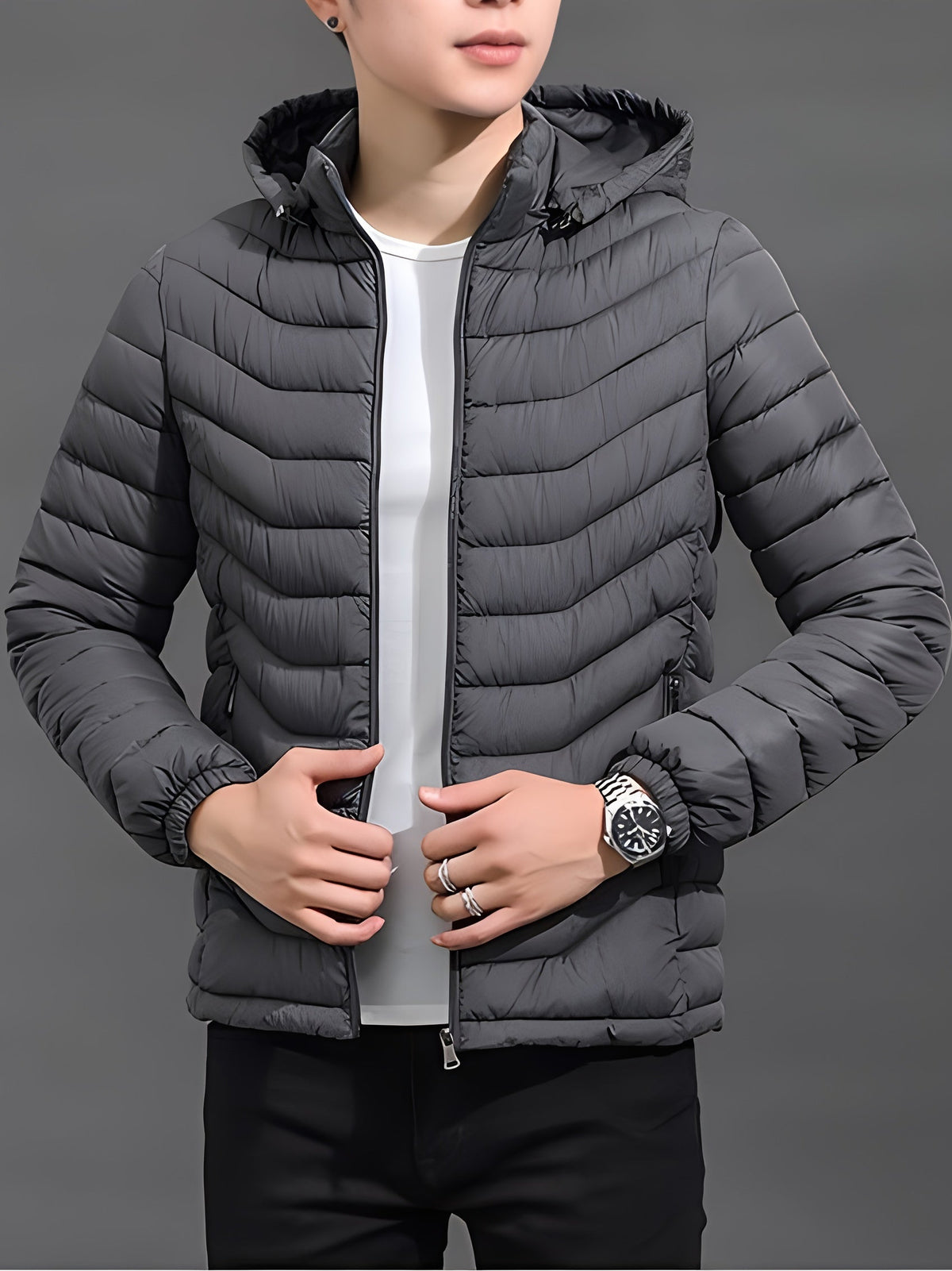 Kessoro Women's Hooded Quilted Puffer Jacket in black and grey, image 8 of 11.