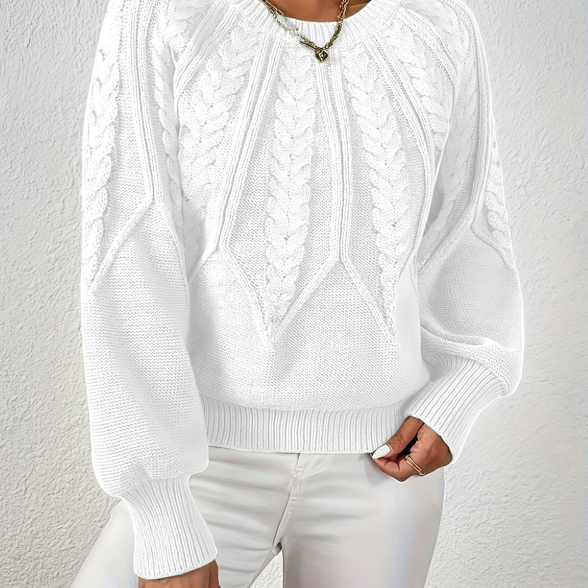 Kessoro women's cable-knit round-neck sweater in neutral and jewel-tone colourways, women's knitwear — view 15 of 23