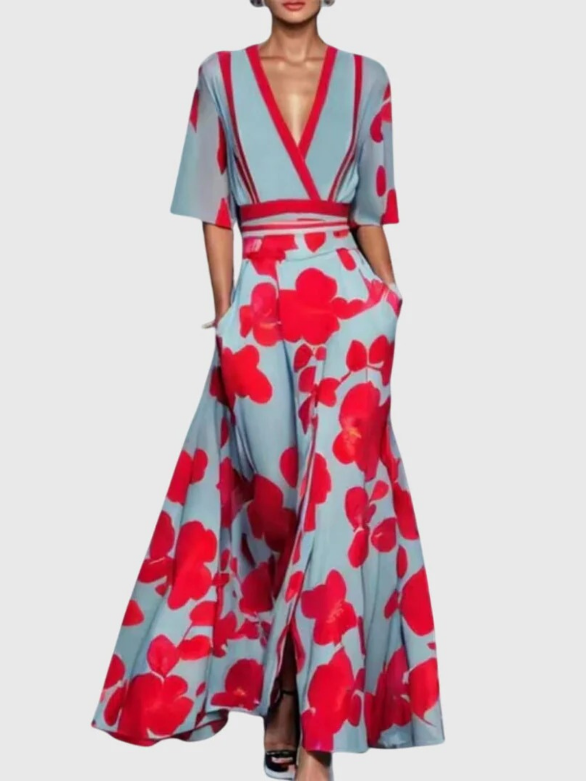 Women's spring floral V-neck dress in red, white and green