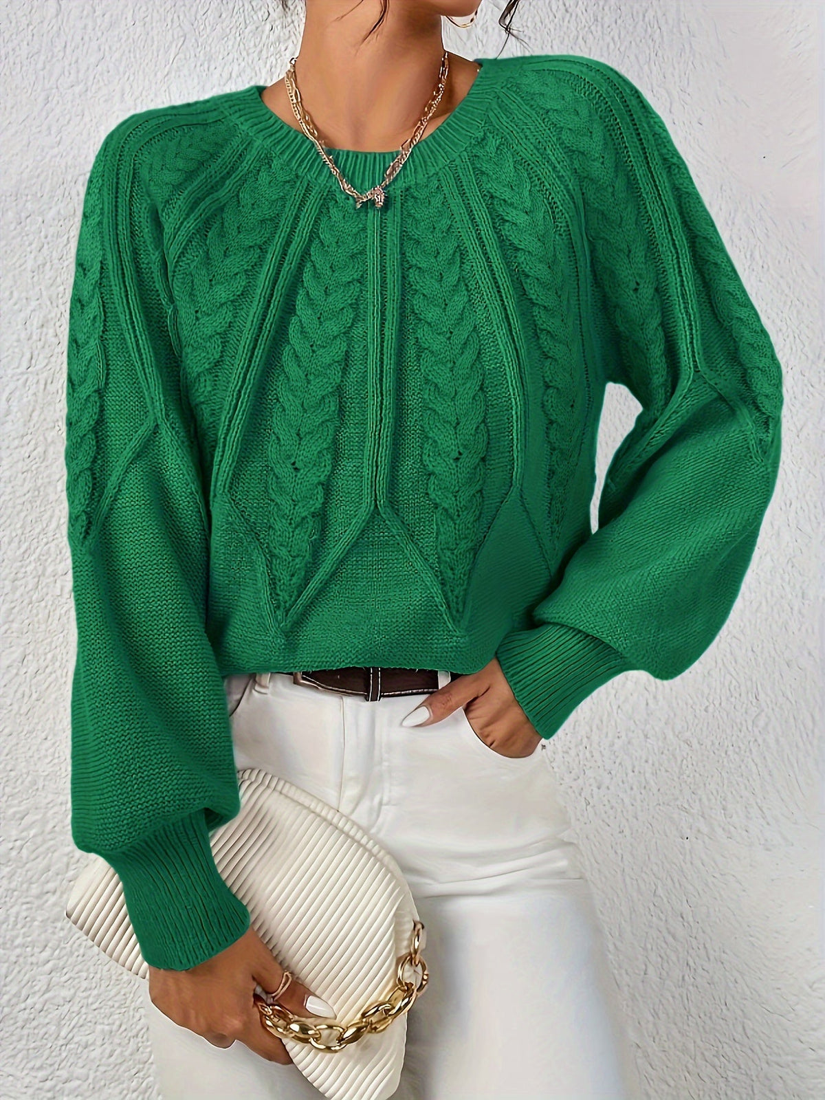Kessoro women's relaxed cable-knit lantern-sleeve sweater in matcha, beige, burgundy, navy and camel