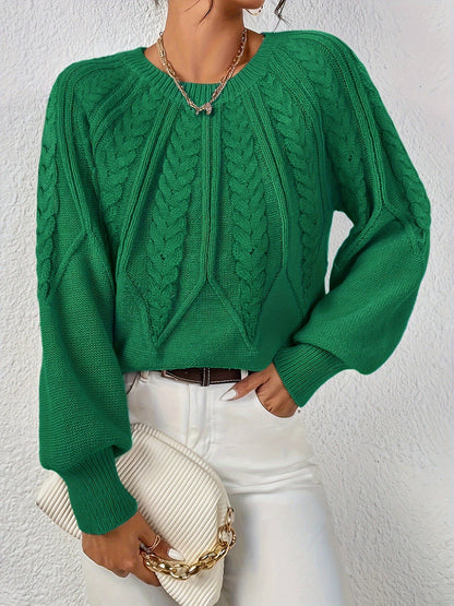 Kessoro women's relaxed cable-knit lantern-sleeve sweater in matcha, beige, burgundy, navy and camel