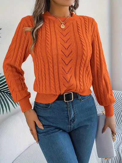 Kessoro Women's Cable-Knit Round Neck Sweater in khaki, grey and orange-red - women's apparel, view 21 of 21