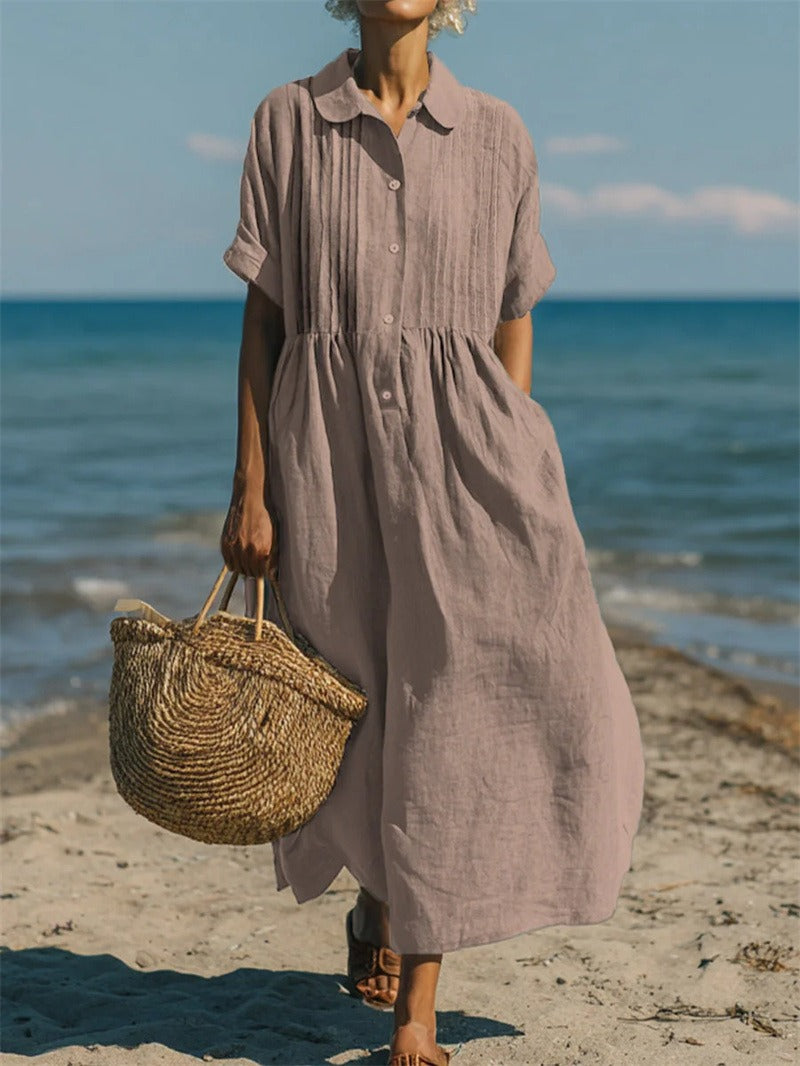 Kessoro women's pleated collared short-sleeve maxi dress in white, light blue, pink and sage green