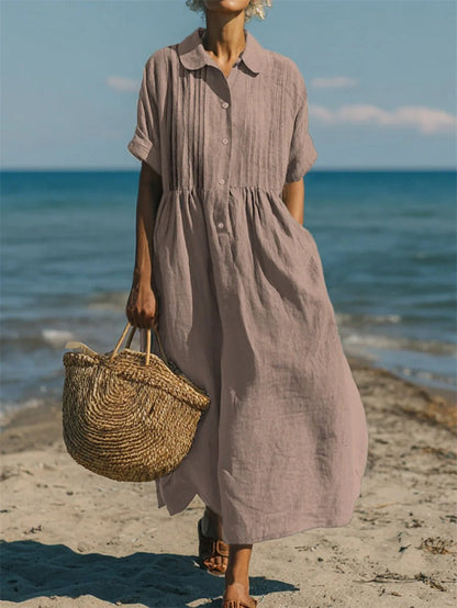Kessoro women's pleated collared short-sleeve maxi dress in white, light blue, pink and sage green
