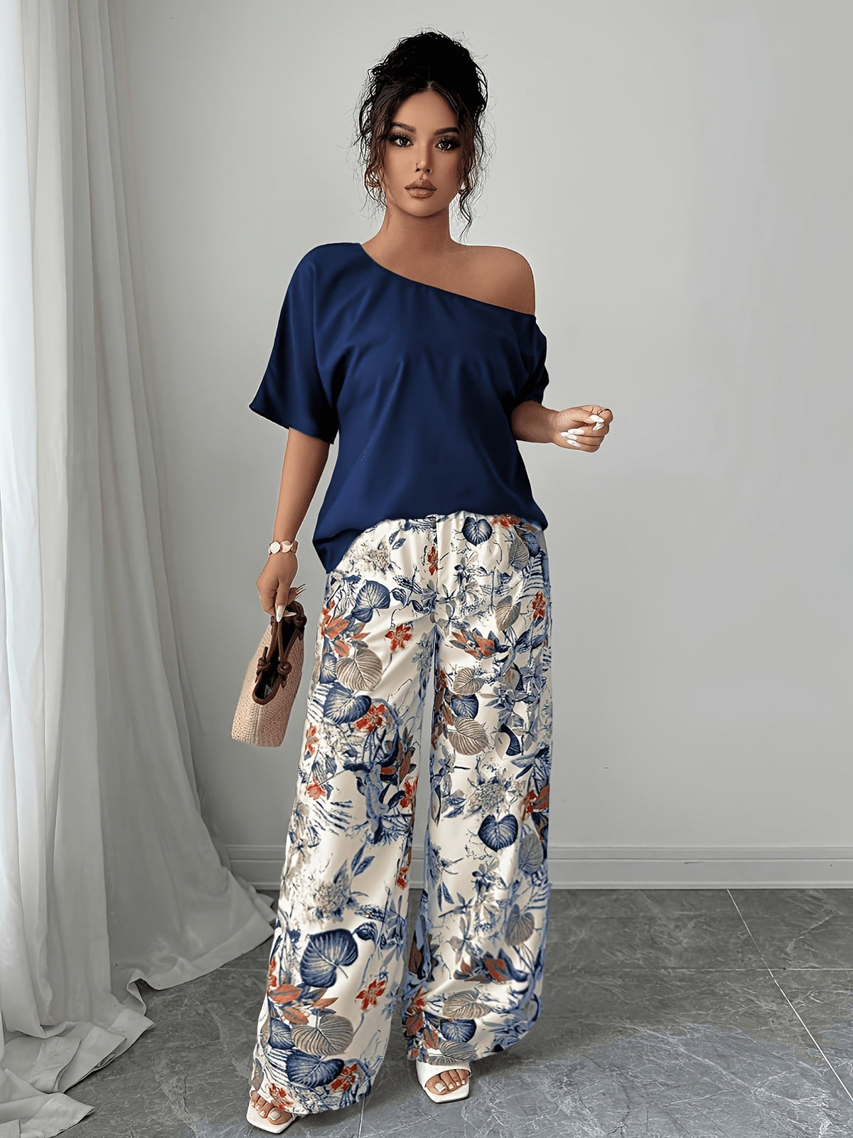 Kessoro women's off-shoulder wide-leg two-piece set in blue and pink, view 4