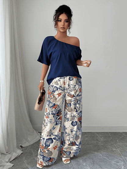 Kessoro women's off-shoulder wide-leg two-piece set in blue and pink, view 4
