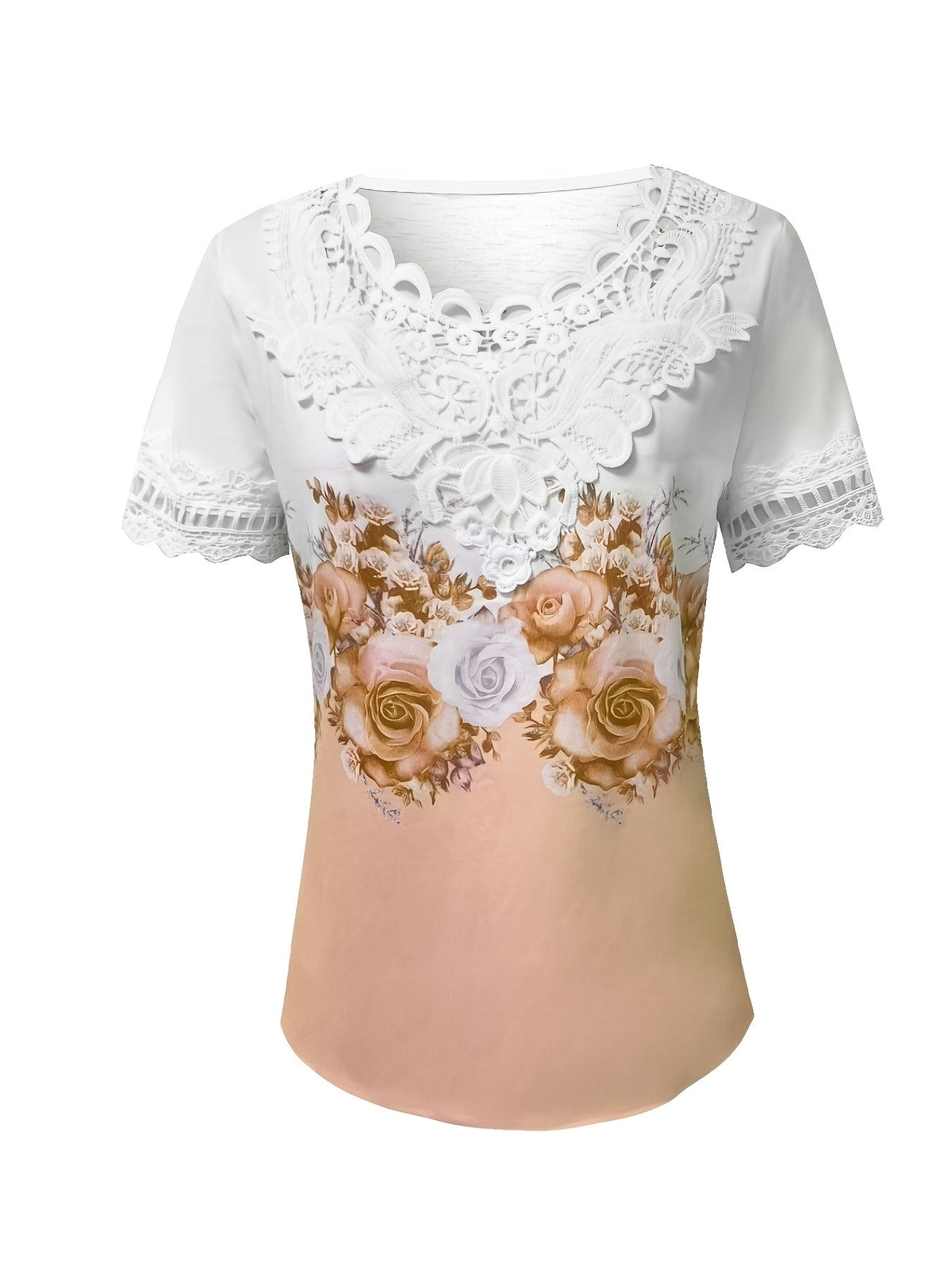 Kessoro women's lace-trimmed floral print top in light green, purple, tan and pink – view 6