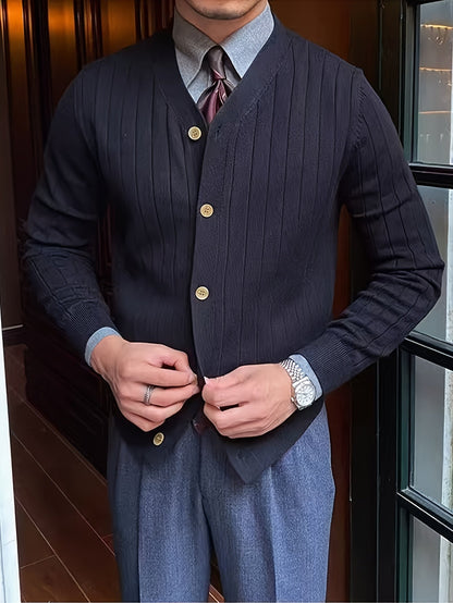Kessoro Men's Ribbed Button-Up Knit Cardigan in white, sky blue and black, image 16 of 18.