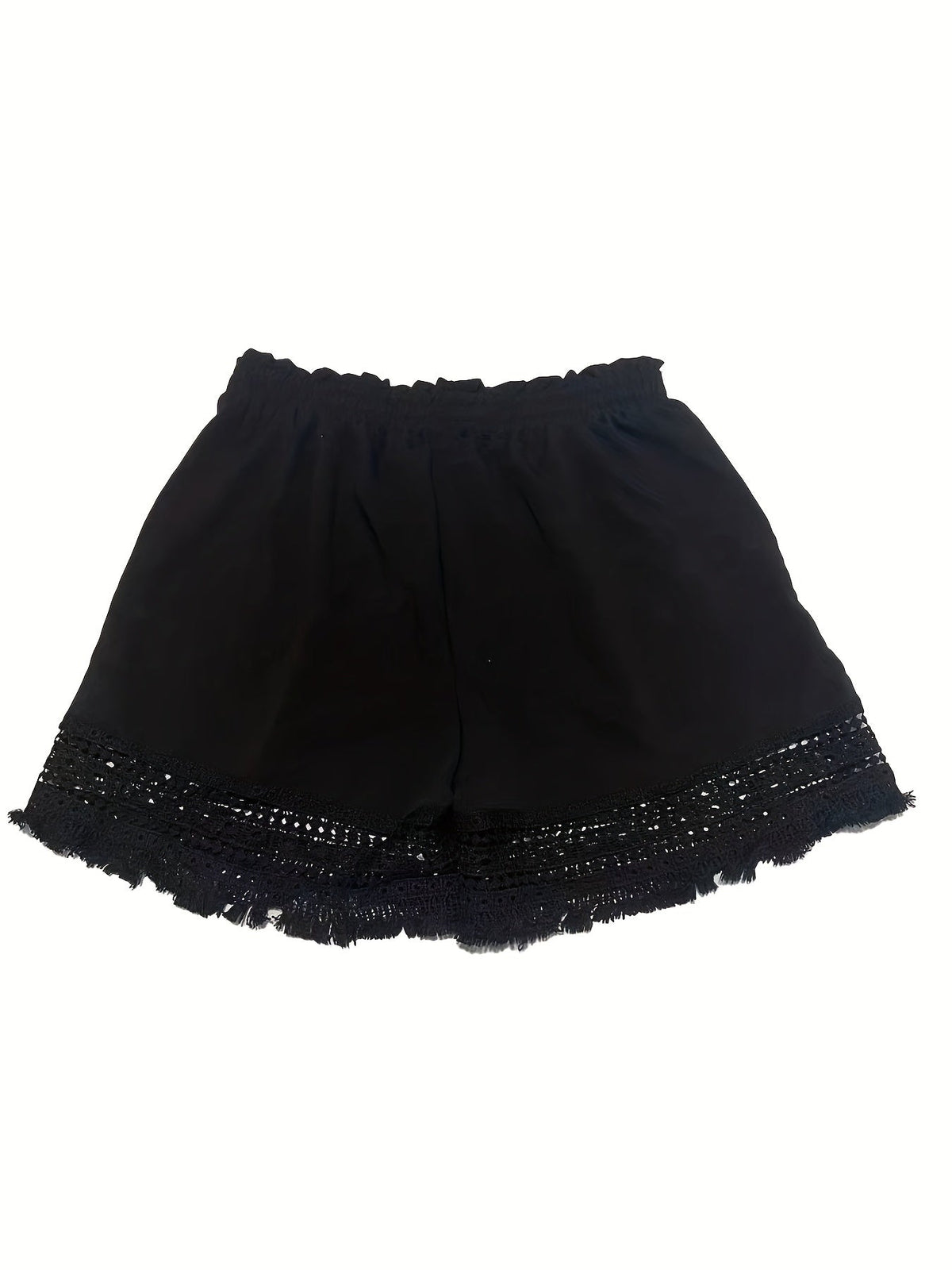 Kessoro women's lace-trim paper bag waist shorts in sky blue, khaki, black and white neutral tones